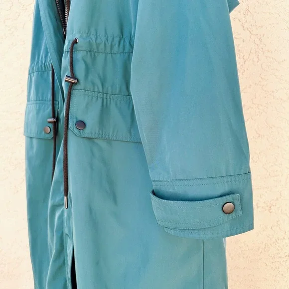 NWT Emerald Green Utility Hooded Long Overcoat Rain Coat Jacket Unisex Sz M - Picture 6 of 9